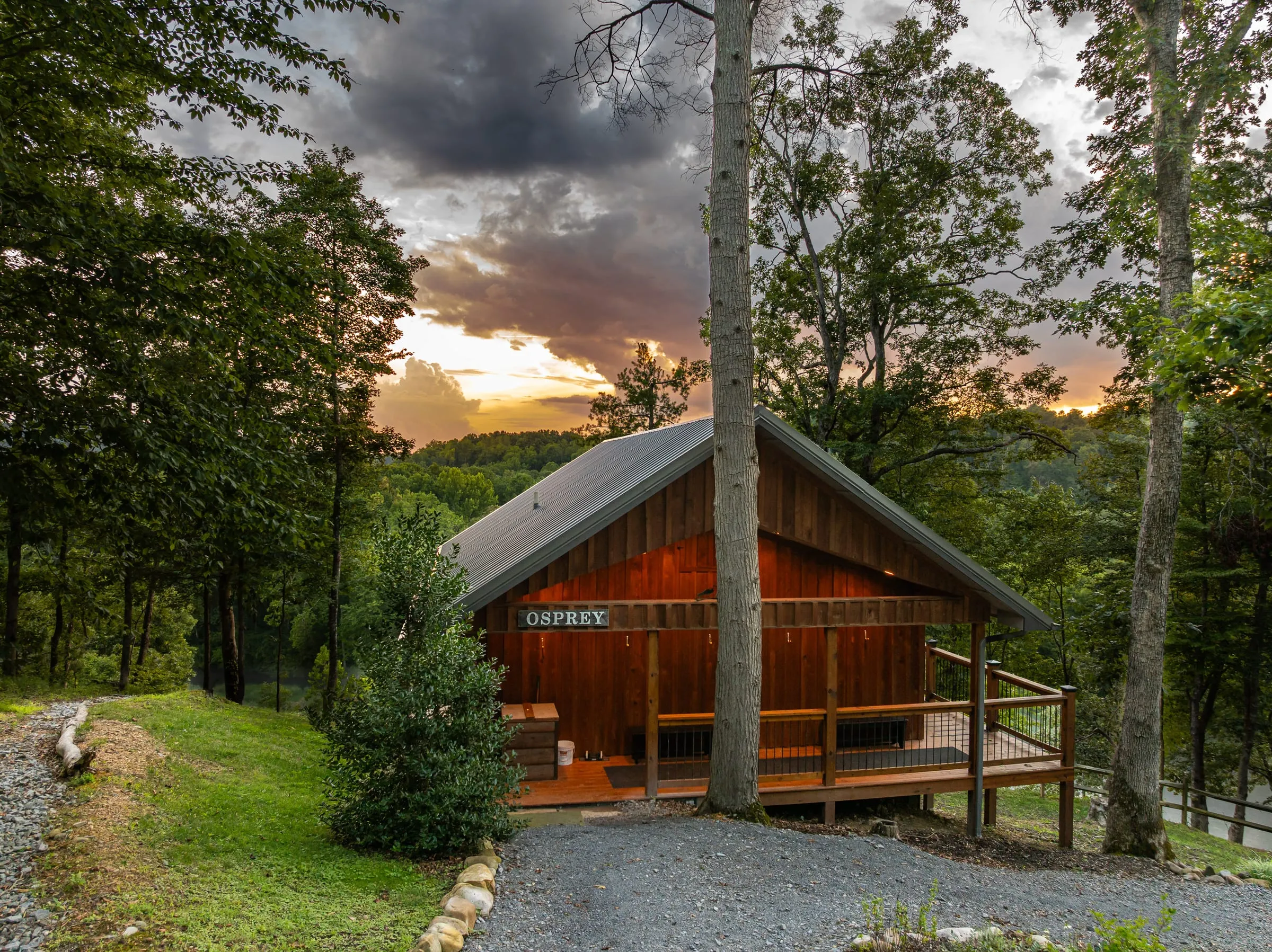 The Osprey cabin at dusk, set among the trees above the river
