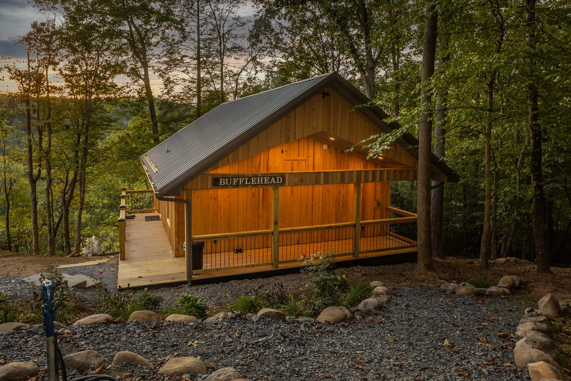 The Bufflehead cabin nestled in the trees at golden hour